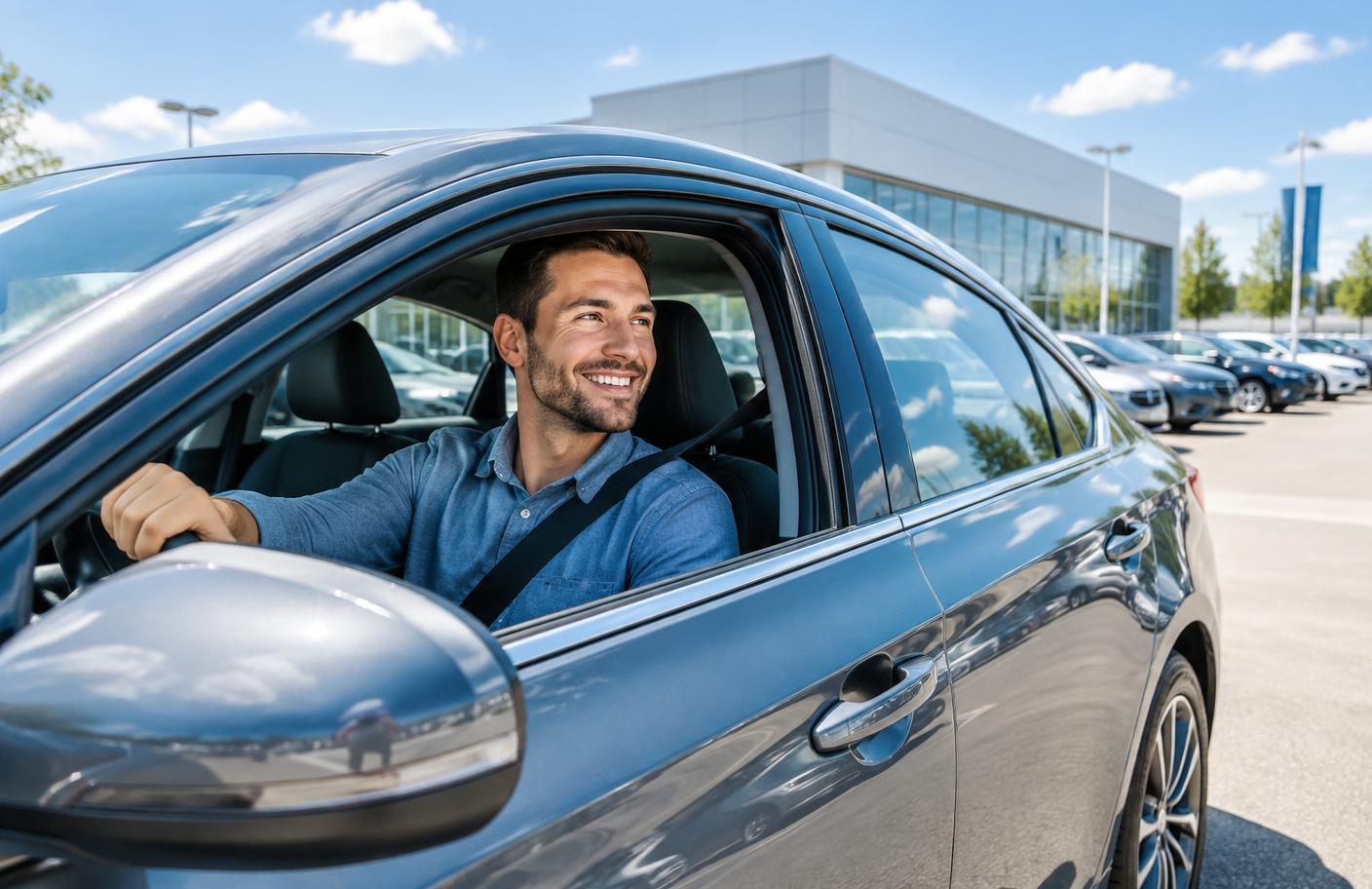 Driver enjoying a test drive on a sunny day
